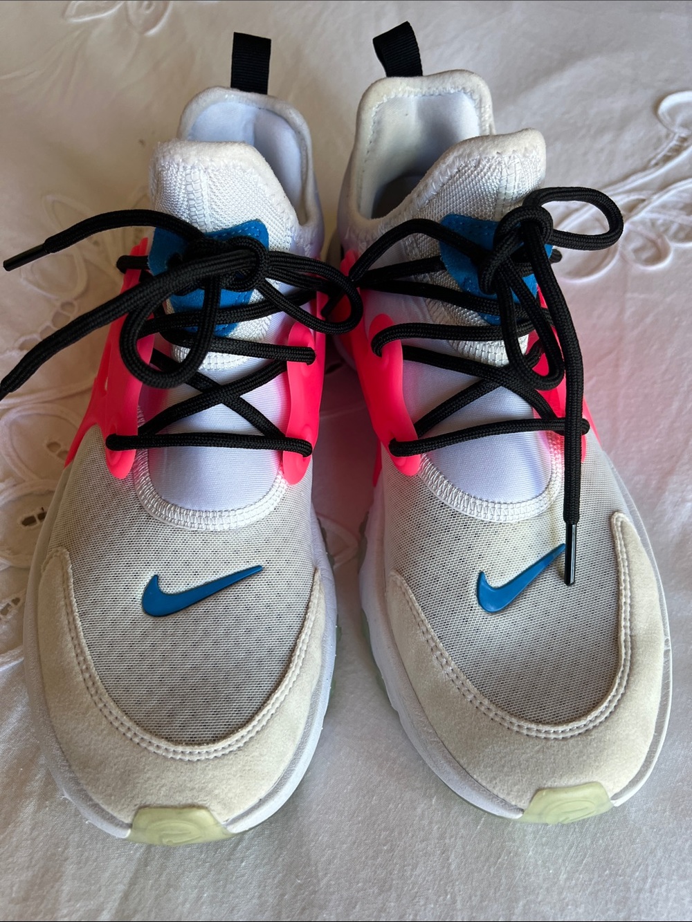 Nike Women's White Sneakers with Pink Overlays and Blue Swoosh